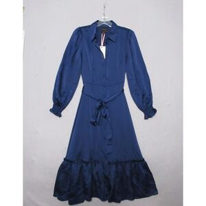 Alex‎ Marie Dress S Blue Satin Midi Long Sleeve Ruffle Hem Boho Puff Sleeve NWTv